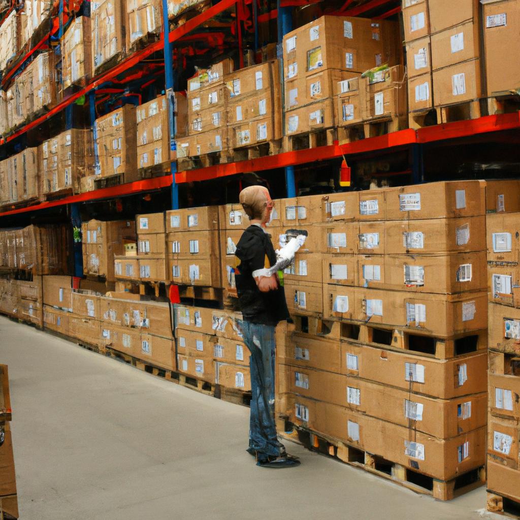 Person inspecting packages in warehouse