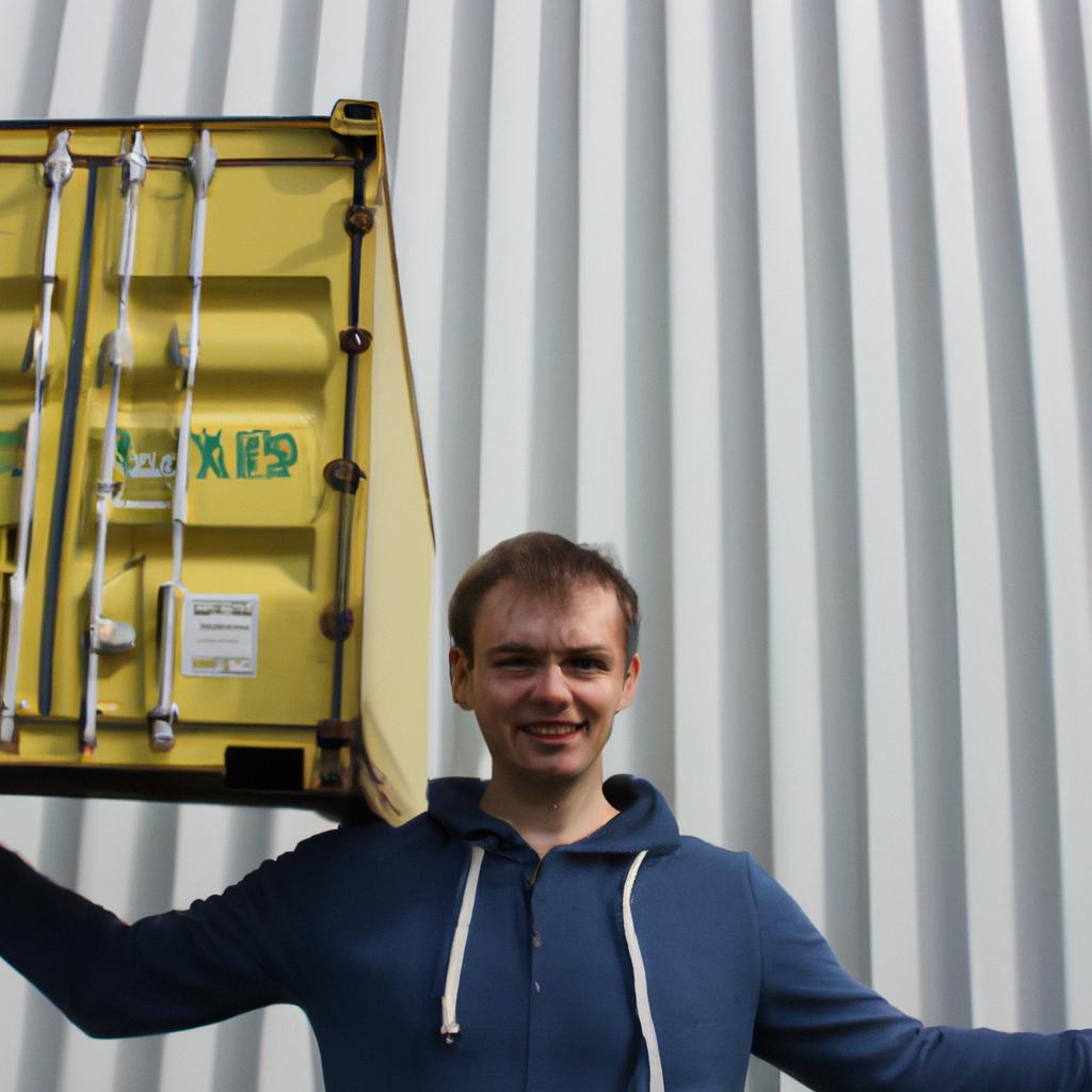 Person holding shipping container, smiling