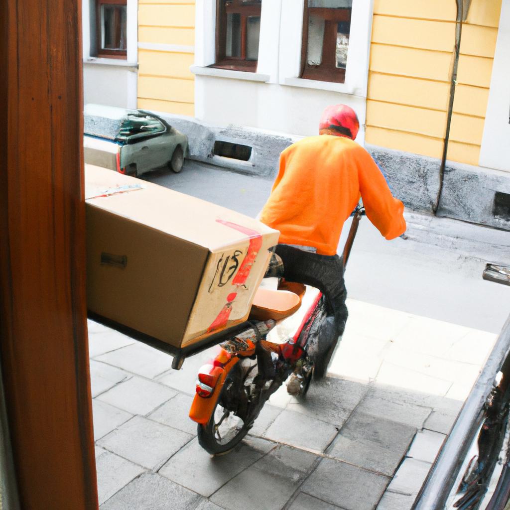 Person delivering package on bicycle
